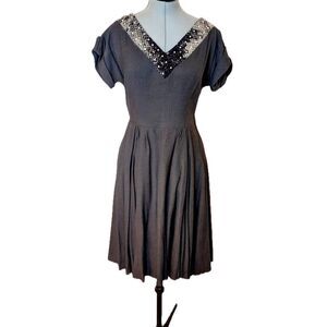 VTG 50s New Look Grey Wool Gabardine Beaded Mohair Collar Pinup Day Dress Sz 6/8